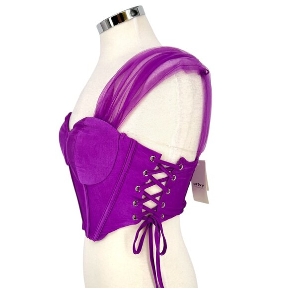 Privy Corset Style Mesh Crop Top Purple Sheer Sleeve Medium NWT - Picture 6 of 12